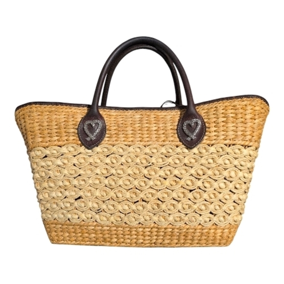 Vintage Brighton Woven Straw Beige & Brown Leather Shoulder Tote Bag - Picture 9 of 11